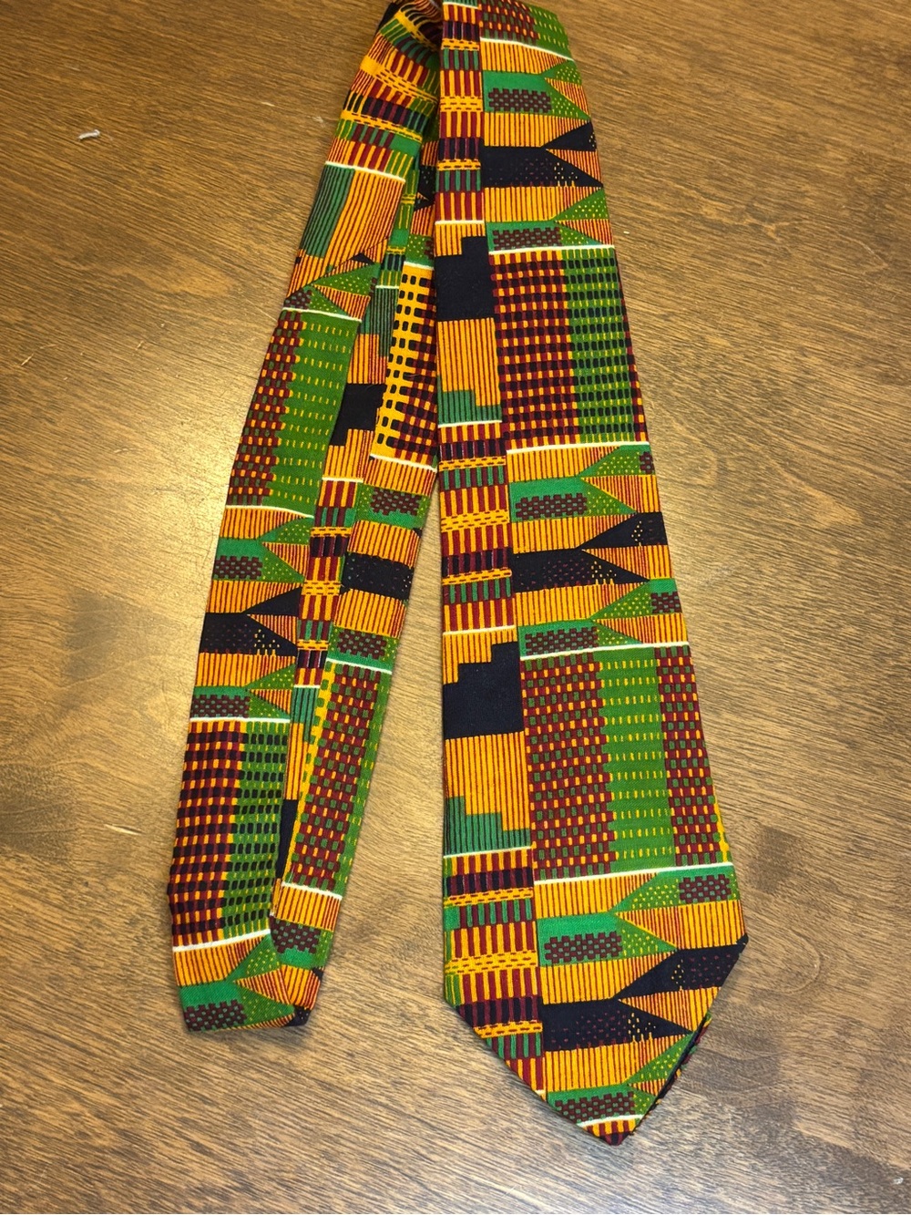 Vintage 90s African Print Kente Pattern Men’s Tie - Green, Yellow, Black